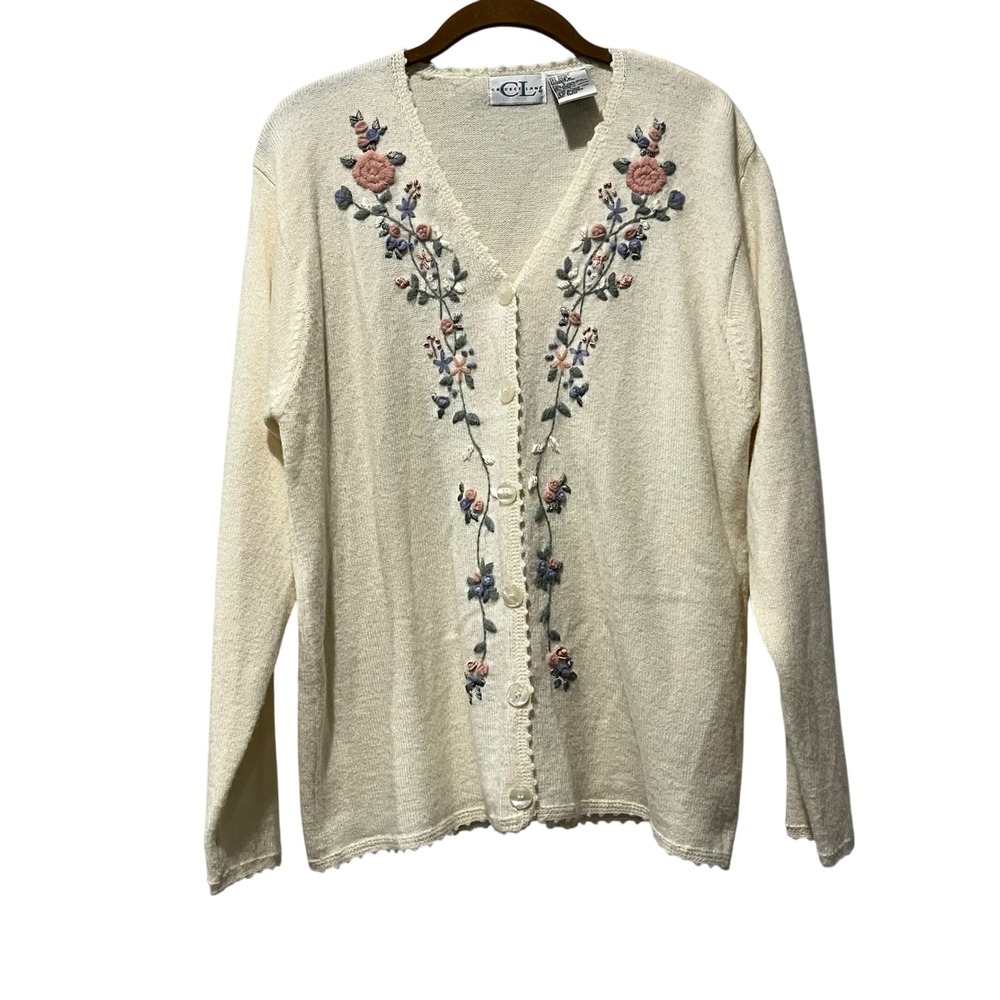 Cricket Lane Cream Embroidered‎ Floral Button Up Cardigan Sweater Women's Large